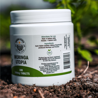 Back of Moringa Utopia 500mg moringa tablets jar