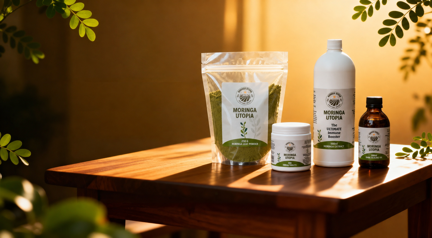 The Moringa Utopia product range on a wooden table in warm evening light, framed by moringa leaves