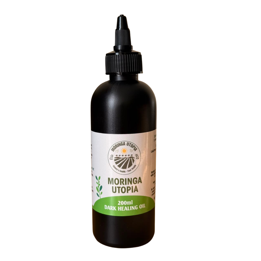 Moringa Utopia 200ml Dark Oil in a plastic bottle with a twist-open nozzle